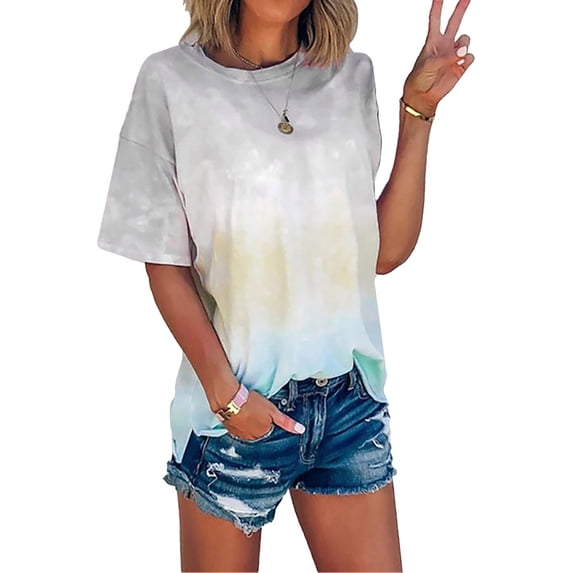 Hymorin Tie Dye Print Women Gradient Round Neck Short Sleeve Tunic Tops