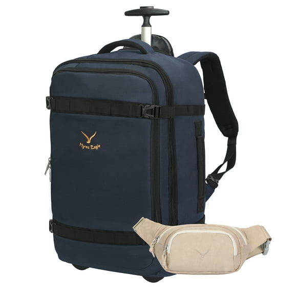 Hynes Eagle 2-in-1 Multi-Way Carry-On Set, 22" Trolley Backpack with Waist Bag, Navy/Khaki