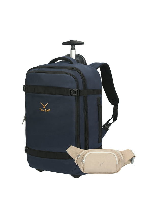 2-in-1 Multi-Way Carry-On Set, 22" Trolley Backpack with Waist Bag, Navy/Khaki