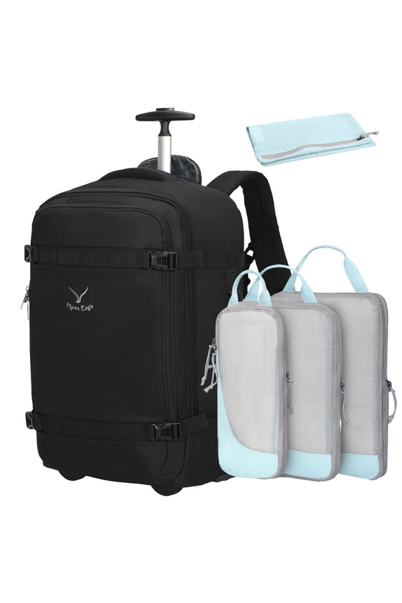 22-inch Rolling Backpack Convertible Carry On Luggage with 4-Piece Packing Cubes, Black & Blue