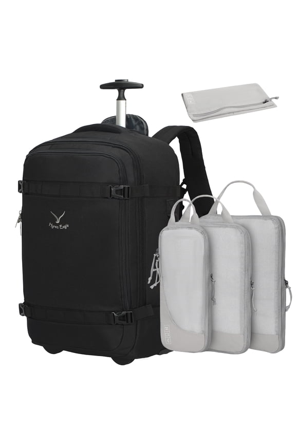 22-inch Rolling Backpack Convertible Carry On Luggage with 4-Piece Packing Cubes, Black & Grey