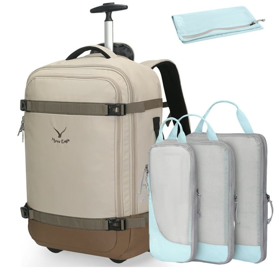 Hynes Eagle Rolling Backpack Convertible Carry on Luggage with 4-Piece Packing Cubes, Khaki & Blue