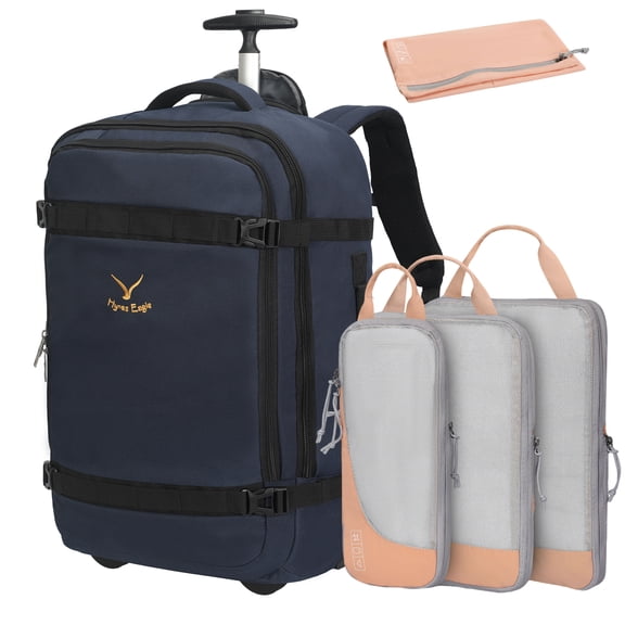Hynes Eagle 22-inch Rolling Backpack Convertible Carry On Luggage with 4-Piece Packing Cubes, Navy Blue & Pink