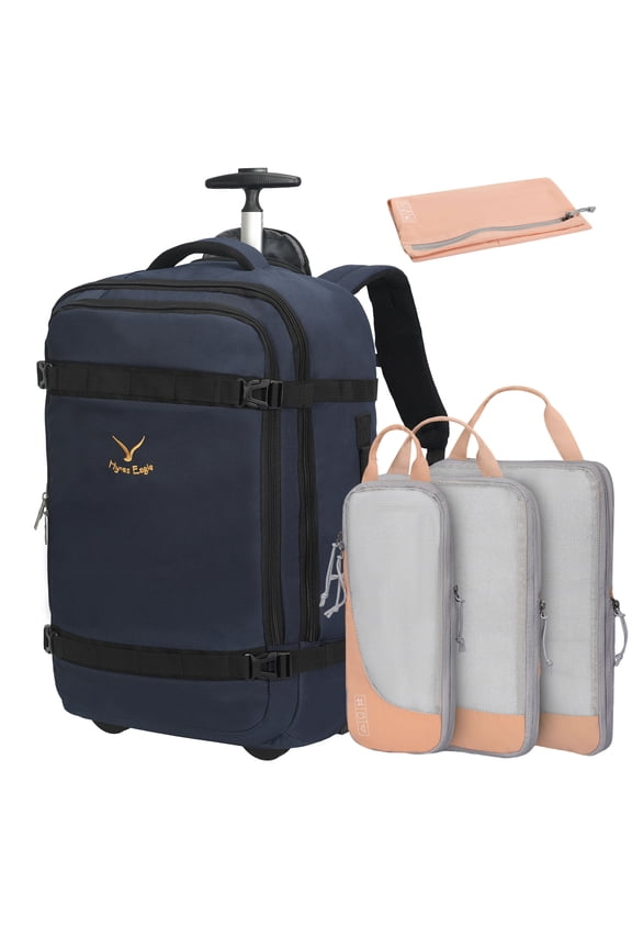 22-inch Rolling Backpack Convertible Carry On Luggage with 4-Piece Packing Cubes, Navy Blue & Pink