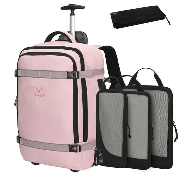 Hynes Eagle 22-inch Rolling Backpack Convertible Carry On Luggage with 4-Piece Packing Cubes, Pink & Black