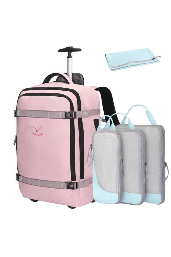 22-inch Rolling Backpack Convertible Carry On Luggage with 4-Piece Packing Cubes, Pink & Blue