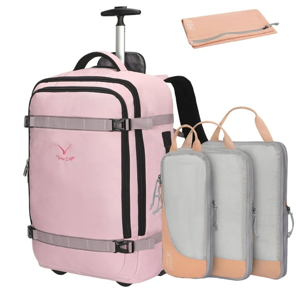 Hynes Eagle 22-inch Rolling Backpack Convertible Carry On Luggage with 4-Piece Packing Cubes, Pink & Pink