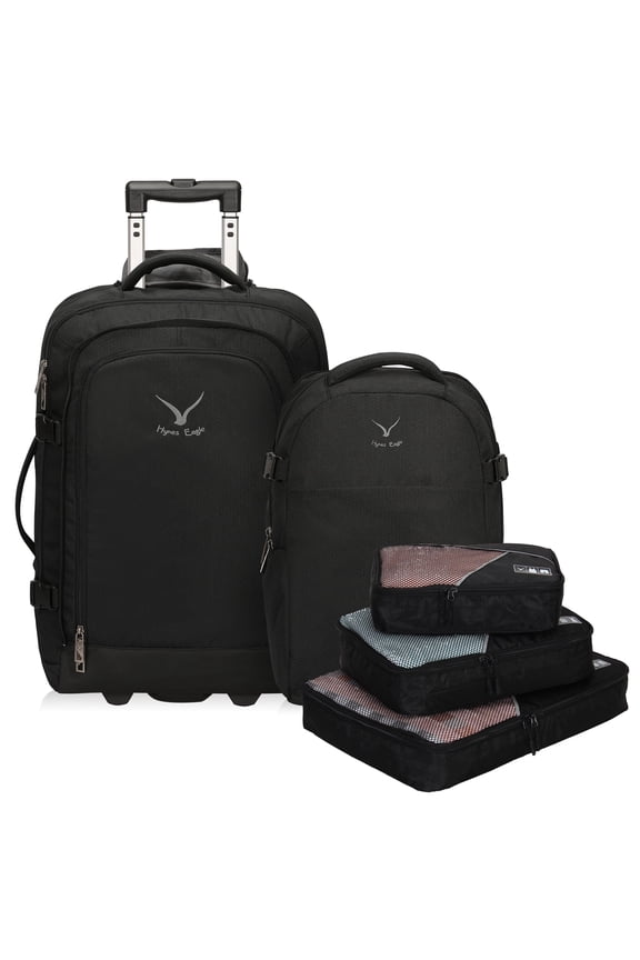 3-in-1 Carry-On Luggage Set, 22"" Rolling Backpack, 20L Removable Daypack, 3-Piece Packing Cubes, Black