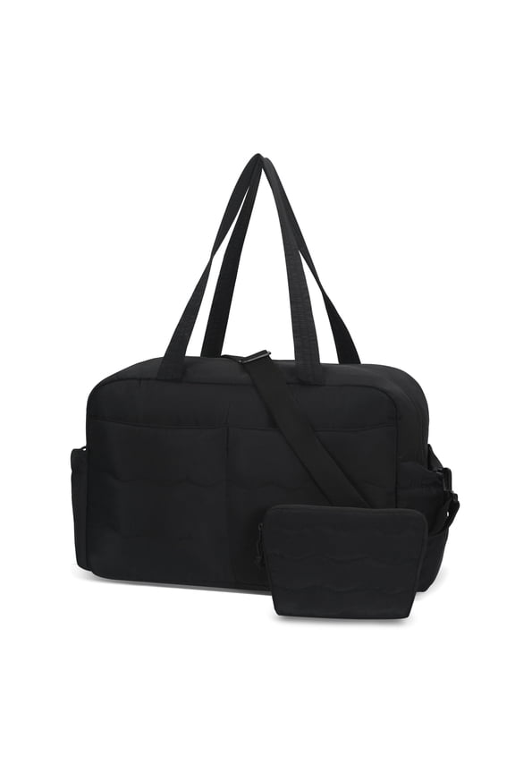 Unisex 30L Puffer Tote Bag, Lightweight Duffel Weekender with Laptop Sleeve, Water-Resistant Gym Bag, Black