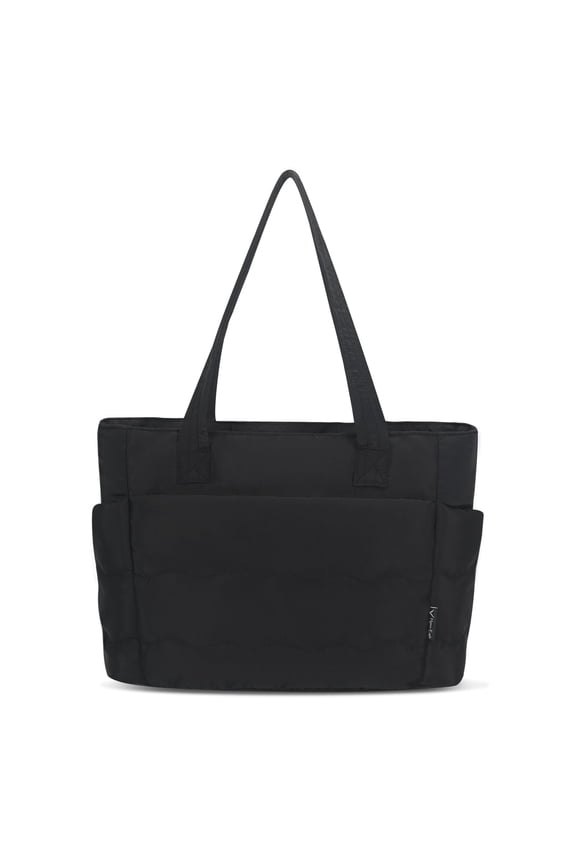 Unisex Quilted Puffer Tote Bag with 15.6 Inch Laptop Sleeve, Lightweight Nylon Shoulder Bag for Work Travel Gym, Black