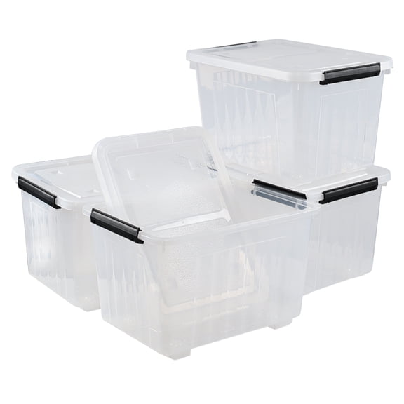 Hynomiky 30 Liter Clear Plastic Latching Storage Bin with Wheels, 4 Pack