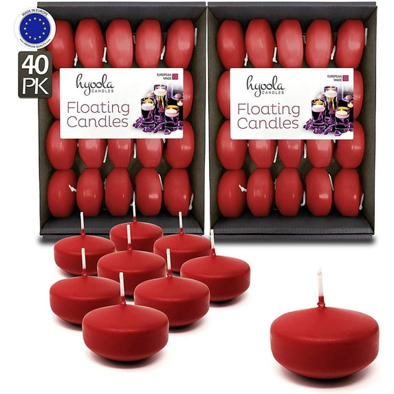 Hyoola 1.75 inch Round Unscented Red European Made Floating Candles, Paraffin Wax with Cotton Wicks, 40-Pack