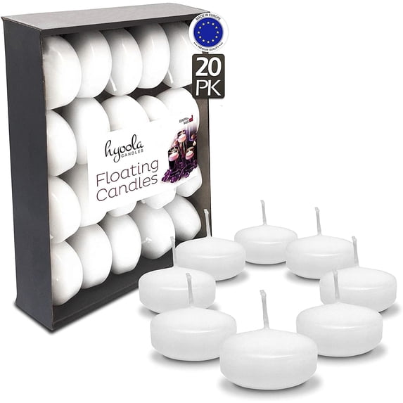 Hyoola 1.75" White Floating Candles, 20 Pack, 3 Hour Burn Time, Unscented & Smokeless, European Made with Cotton Wicks for Wedding Centerpieces, Vase Fillers, Events, Parties & Home Decor