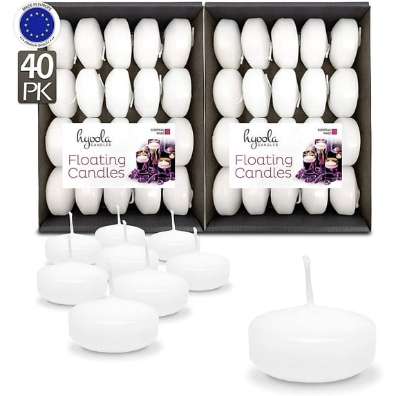 Hyoola 1.75 inch Round Unscented White European Made Floating Candles, Paraffin Wax with Cotton Wicks, 40-Pack