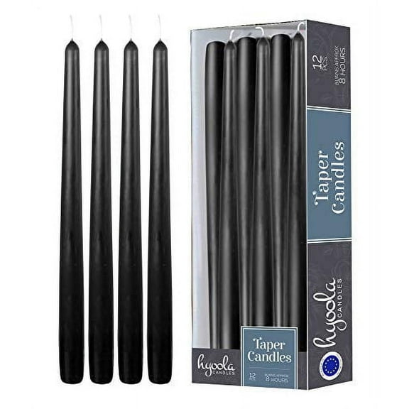 Hyoola 10" Black Dripless European Made Taper Candles, Unscented Paraffin Wax with Cotton Wicks, 12-Pack