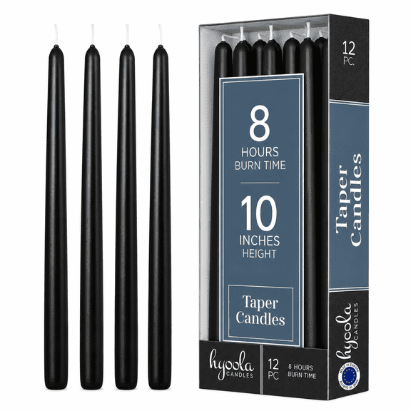 Hyoola 10" Black Dripless European Made Taper Candles, Unscented Paraffin Wax with Cotton Wicks, 12-Pack