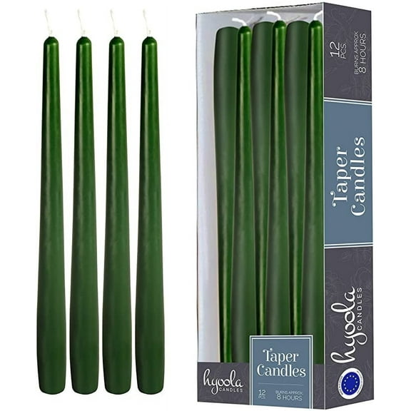 Hyoola 10" Hunter Green Dripless European Made Taper Candles, Unscented Paraffin Wax with Cotton Wicks, 12-Pack