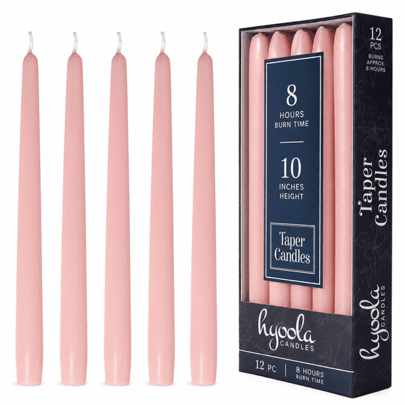 Hyoola 10" Light Pink Dripless European Made Taper Candles, Unscented Paraffin Wax with Cotton Wicks, 12-Pack