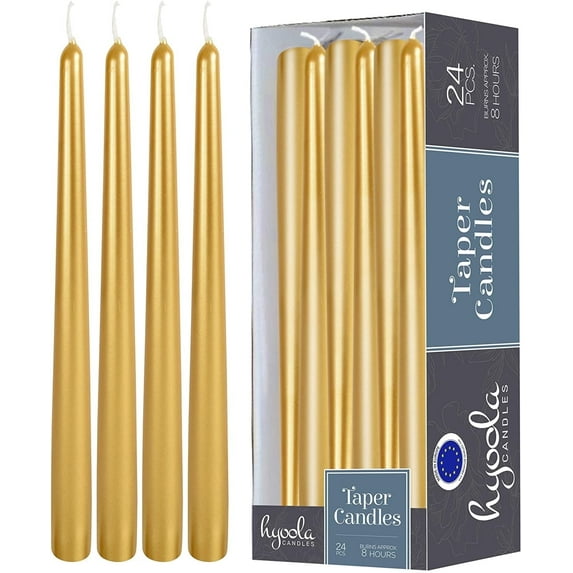 Hyoola 10" Metallic Gold Dripless European Made Taper Candles, Unscented Paraffin Wax with Cotton Wicks, 24-Pack