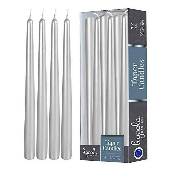 Hyoola 10" Metallic Silver Dripless European Made Taper Candles, Unscented Paraffin Wax with Cotton Wicks, 12-Pack