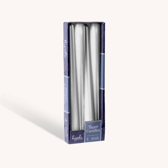 Hyoola 10" Metallic Silver Dripless European Made Taper Candles, Unscented Paraffin Wax with Cotton Wicks, 4-Pack