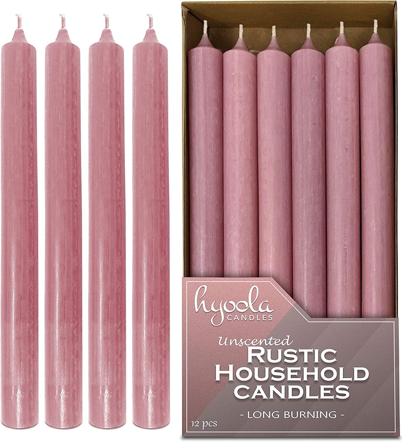 Hyoola 10" Rustic Antique Rose Pink Dripless Dinner Candles Unscented Paraffin Wax with Cotton Wicks, 12-Pack