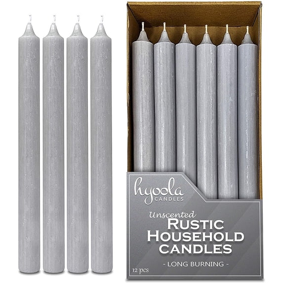 Hyoola 10" Rustic Silver Grey Dripless Dinner Candles Unscented Paraffin Wax with Cotton Wicks, 12-Pack