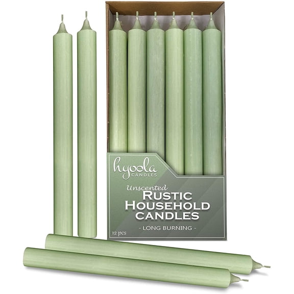 Hyoola 10" Rustic Soft Green Dripless Dinner Candles Unscented Paraffin Wax with Cotton Wicks, 12-Pack