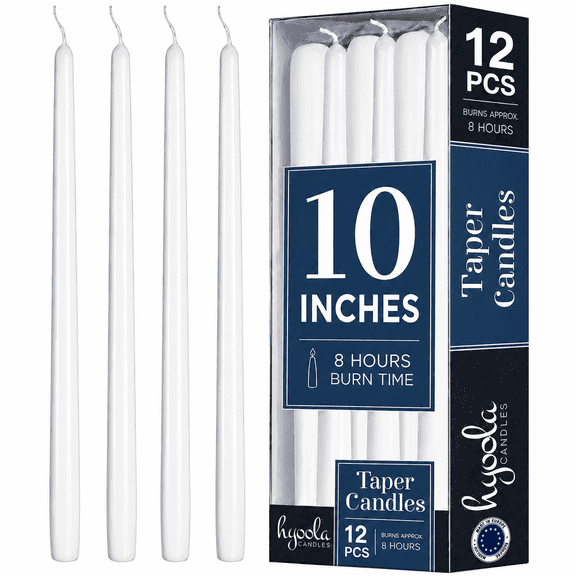 Hyoola 10" White Dripless Taper Candles, 12 Pack, 8 Hour Burn Time, European Made, Unscented Dinner Candles with Cotton Wicks for Weddings, Centerpieces, Events & Home Decor