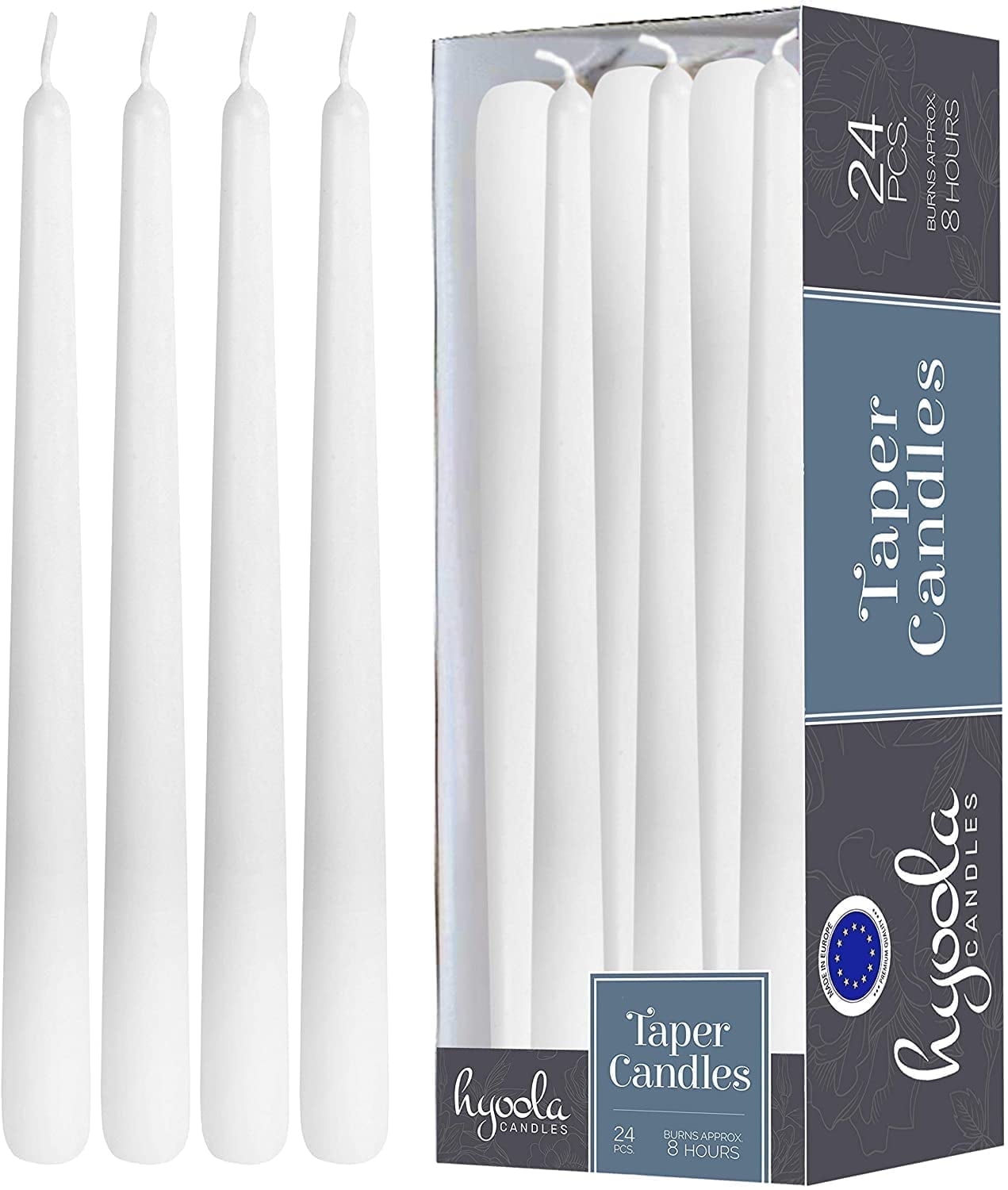 Hyoola 10" White Dripless European Made Taper Candles, Unscented Paraffin Wax with Cotton Wicks, 24-Pack