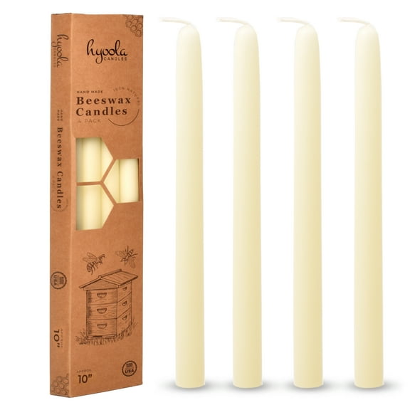 Hyoola 10 inch Handmade All Natural Beeswax Taper Candles White - 10 Hours - Honey Scent 4 Pack