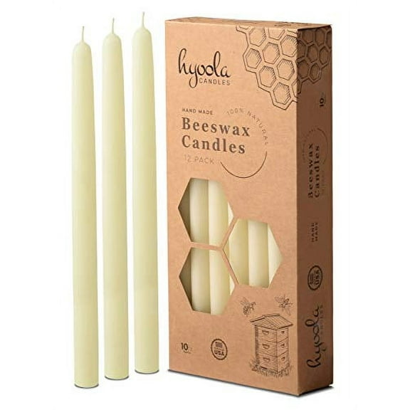 Hyoola, 10 inch Handmade All Natural Beeswax Unscented Taper Candles - White - 10 Hour (12 Pack)
