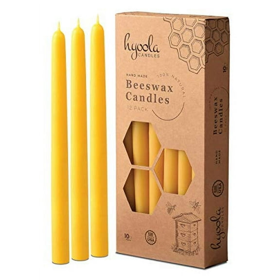 Hyoola, 10 inch Handmade All Natural Beeswax Unscented Taper Candles - Yellow - 10 Hour (12 Pack)