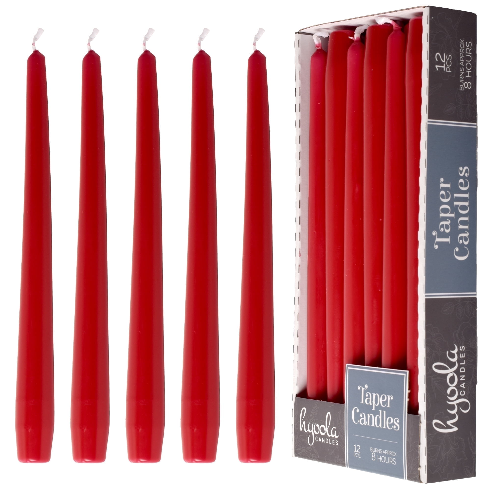 Hyoola 12" Cherry Red Dripless European Made Taper Candles, Unscented Paraffin Wax with Cotton Wicks, 12-Pack
