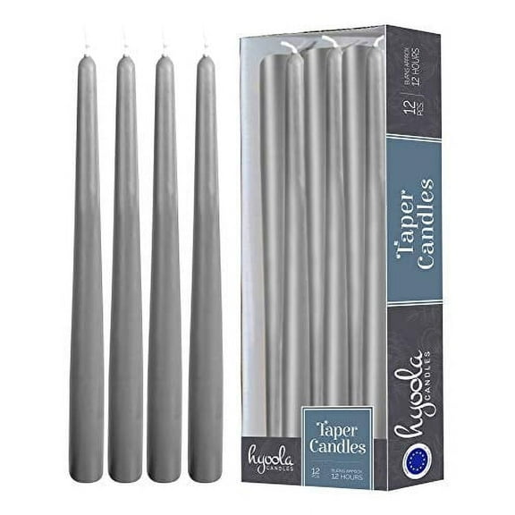Hyoola 12" Dark Grey Dripless European Made Taper Candles, Unscented Paraffin Wax with Cotton Wicks, 12-Pack