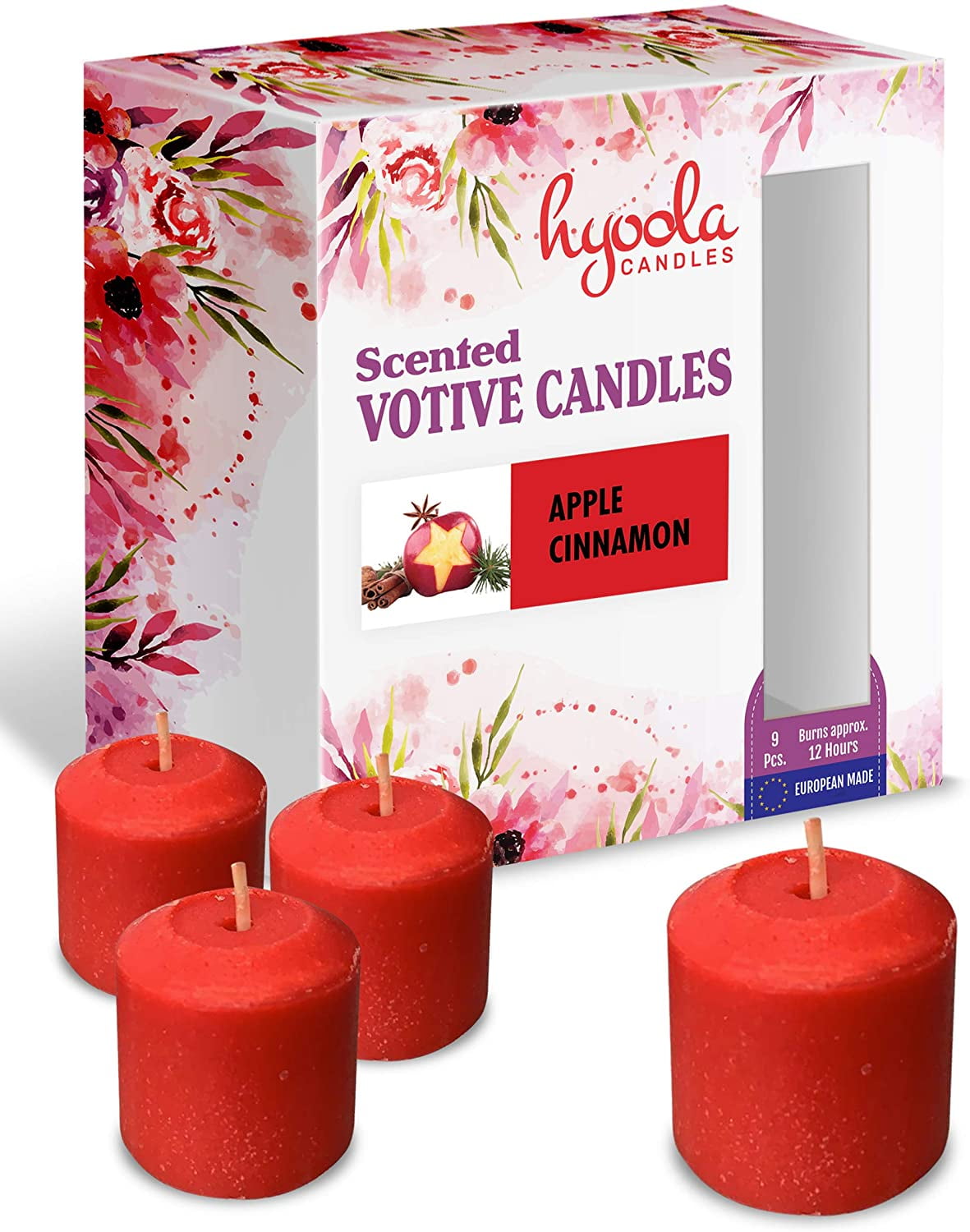 Hyoola, 12 Hour Clear Cup Apple Cinnamon Scented Votive Candles Red