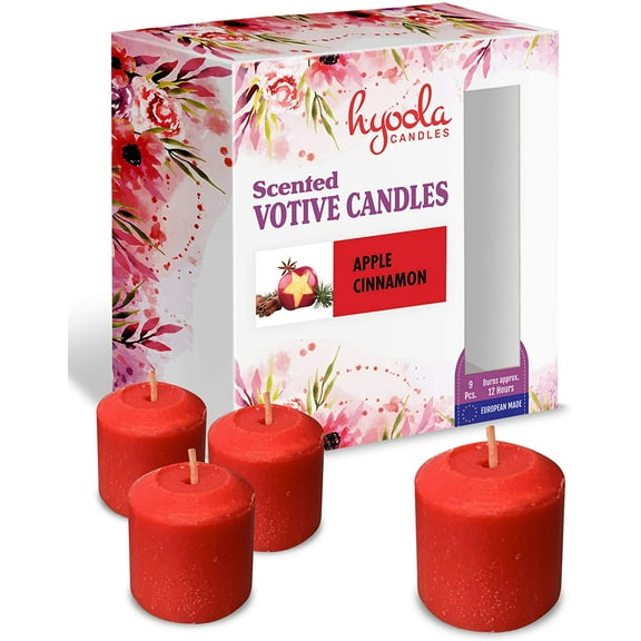 Hyoola, 12 Hour Clear Cup - Apple Cinnamon Scented Votive Candles - Red Color (9 Pack)