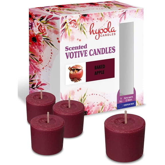Hyoola, 12 Hour Clear Cup - Baked Apple Scented Votive Candles - Maroon Color (9 Pack)
