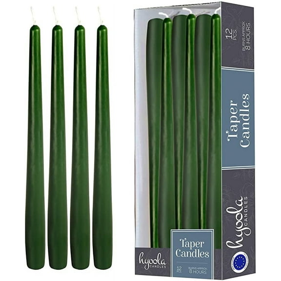 Hyoola 12" Hunter Green Dripless European Made Taper Candles, Unscented Paraffin Wax with Cotton Wicks, 12-Pack