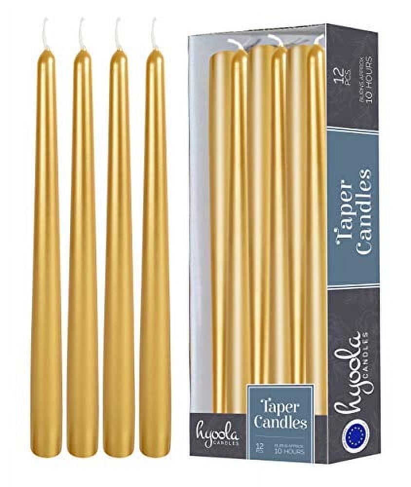 Hyoola 12" Metallic Gold Dripless European Made Taper Candles, Unscented Paraffin Wax with Cotton Wicks, 12-Pack
