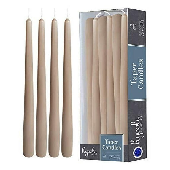 Hyoola 12" Taupe Brown Dripless European Made Taper Candles, Unscented Paraffin Wax with Cotton Wicks, 12-Pack