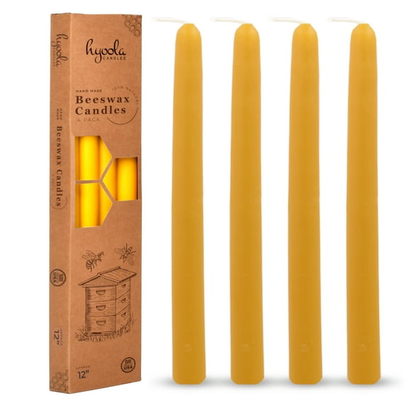 Hyoola 12 inch Handmade All Natural Beeswax Taper Candles Yellow Honey Scent 4 Pack