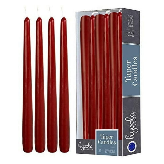 Hyoola 14" Burgundy Red Dripless European Made Taper Candles, Unscented Paraffin Wax with Cotton Wicks, 12-Pack