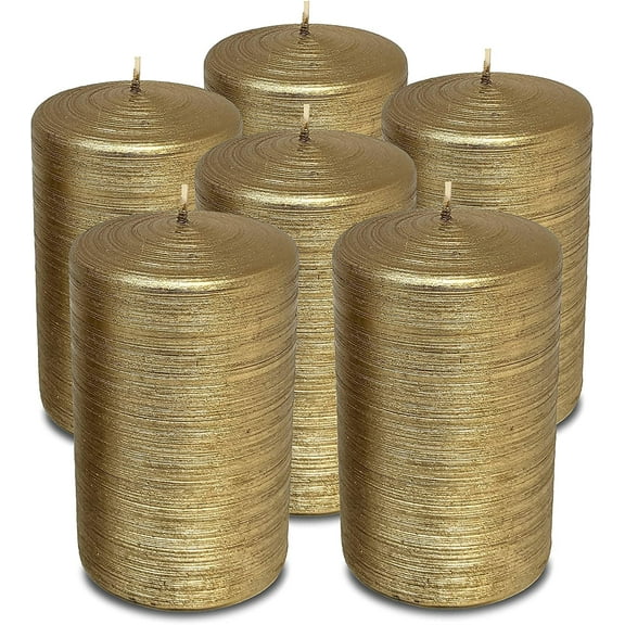 Hyoola, 2.4 x 4 Unscented Antique Gold Brushed Metallic Rustic Pillar Candles, Paraffin Wax with Cotton Wicks, 6-Pack