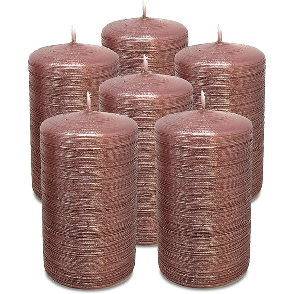 Hyoola, 2.4 x 4 Unscented Rose Pink Brushed Metallic Rustic Pillar Candles, Paraffin Wax with Cotton Wicks, 6-Pack