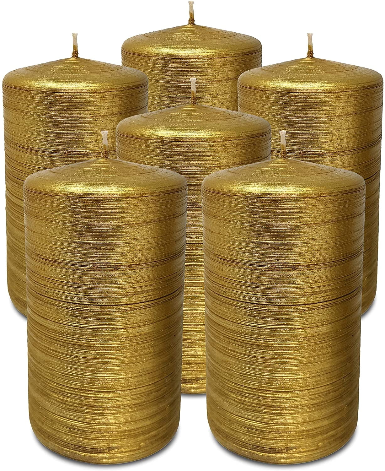 Hyoola, 2.75 x 5 Unscented Gold Brushed Metallic Rustic Pillar Candles, Paraffin Wax with Cotton Wicks, 6-Pack