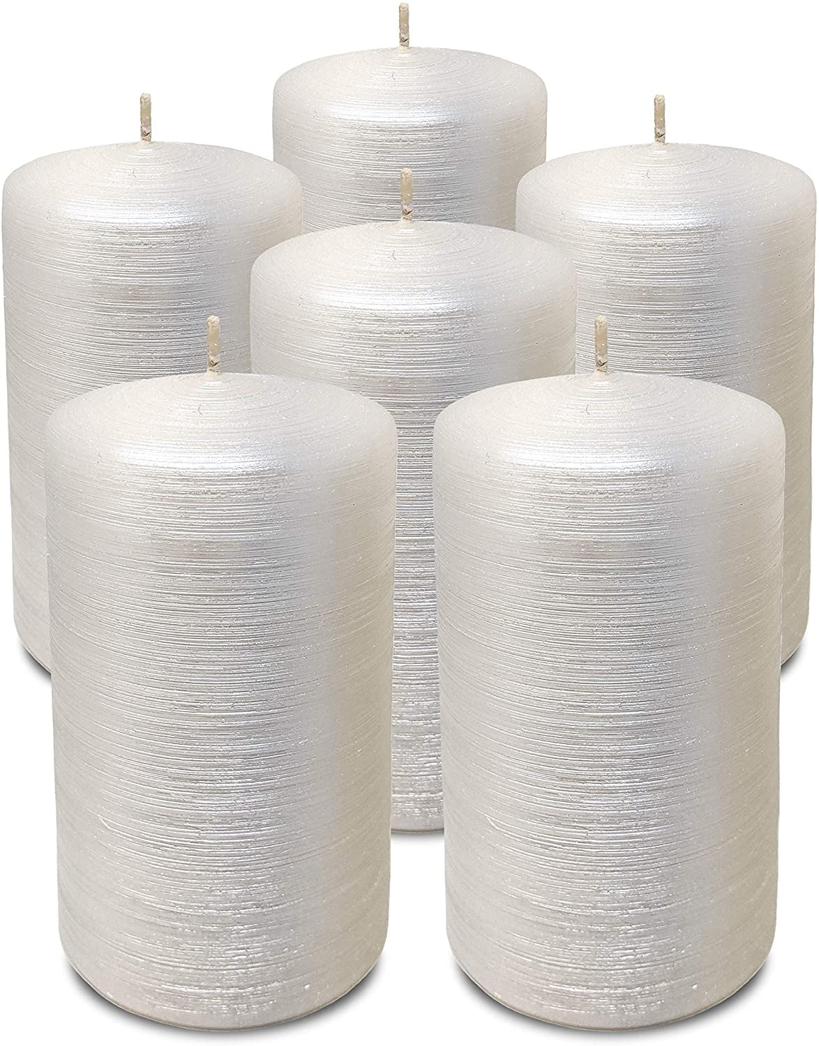 Hyoola, 2.75 x 5 Unscented Pearl White Brushed Metallic Rustic Pillar Candles, Paraffin Wax with Cotton Wicks, 6-Pack