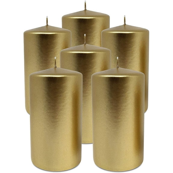 Hyoola 2.75 x 5 inch Metallic Gold Unscented European Made Pillar Candles, Paraffin Wax with Cotton Wicks, 6-Pack