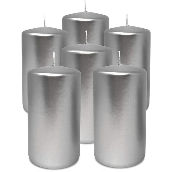 Hyoola 2.75 x 5 inch Metallic Silver Unscented European Made Pillar Candles, Paraffin Wax with Cotton Wicks, 6-Pack