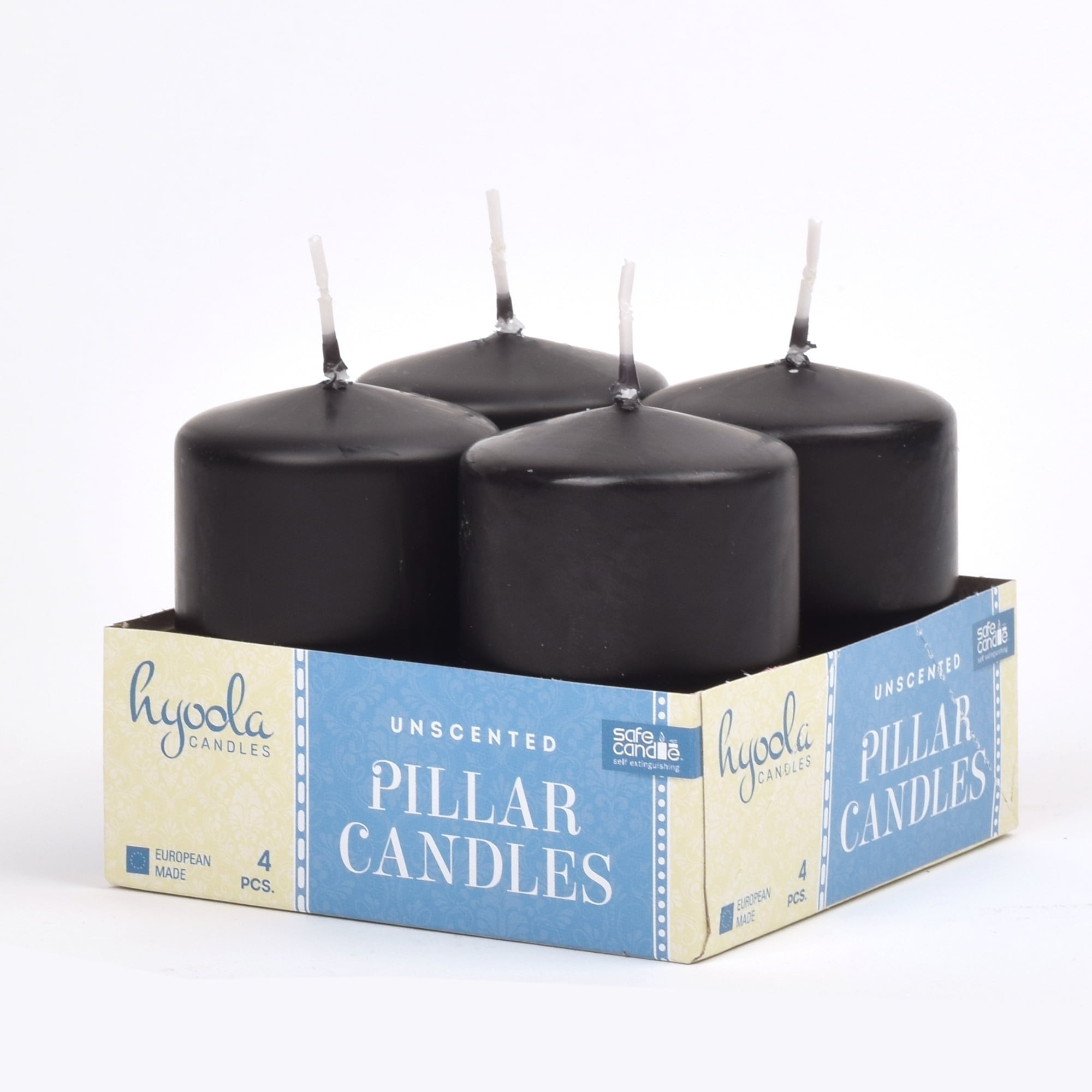 Hyoola 2 x 3 Black Unscented European Made Pillar Candles, Dripless Paraffin Wax with Smokeless Cotton Wicks, 4-Pack